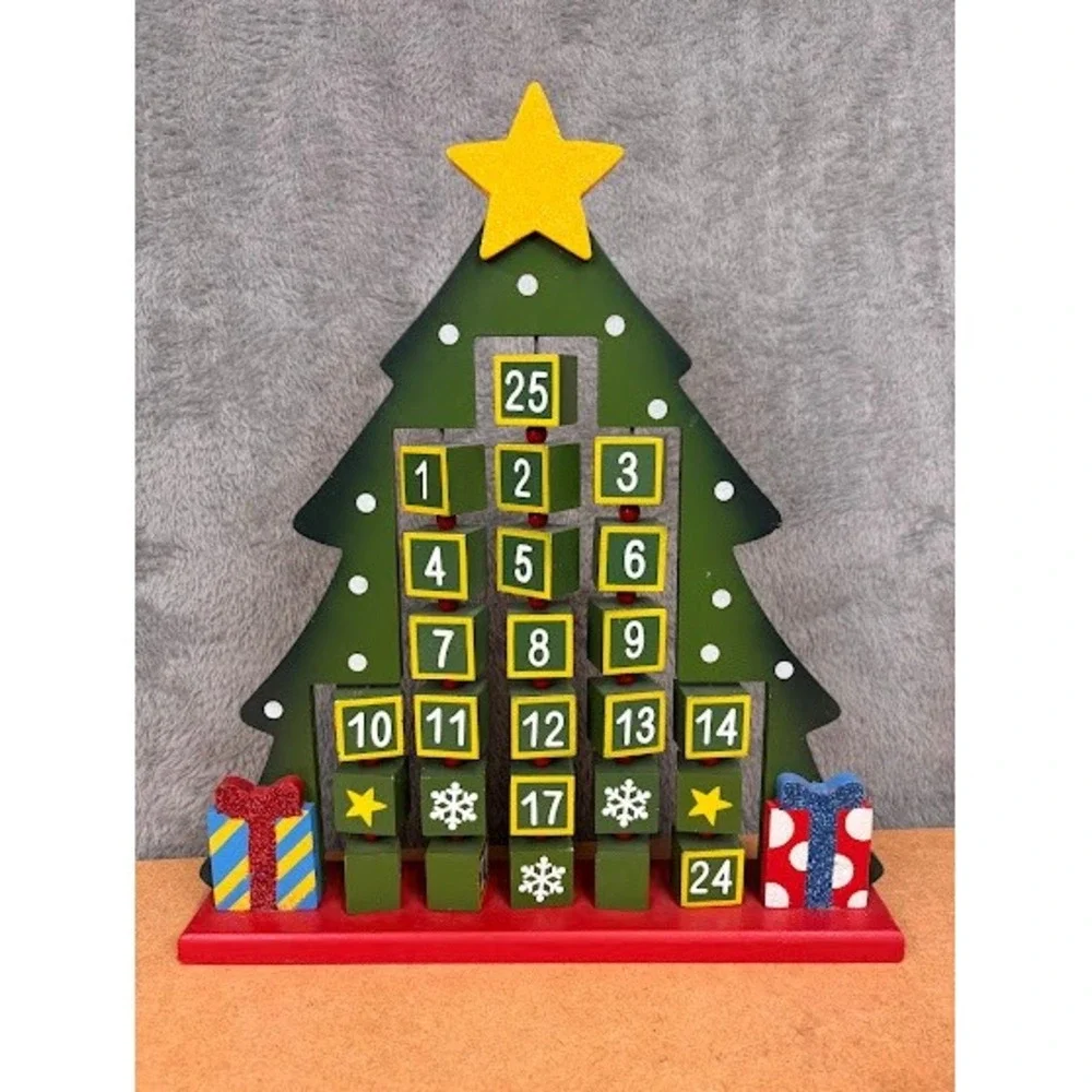 Very Merry‎ Advent Calendar Wooden Christmas Tree Tabletop Decor Green
